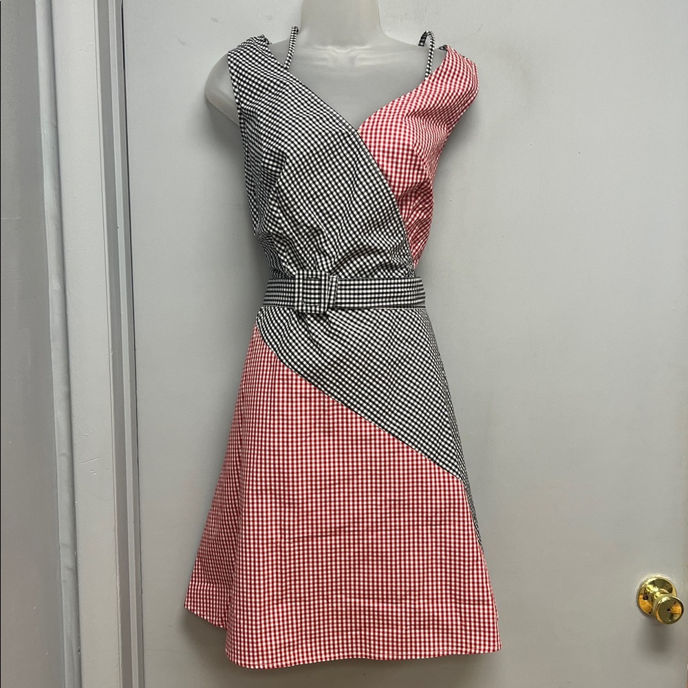 eShakti Custom Black & Red Gingham Patchwork Sleeveless Dress